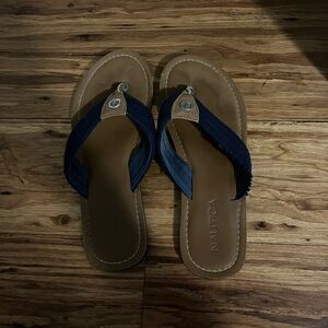 nautica navy and tan leather flip flops